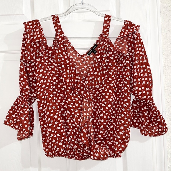 Orange & White Floral Ruffle Flowy Cold Shoulder Long Sleeve Top - Size Small - Picture 3 of 5